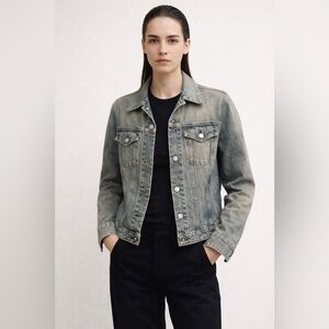 Helmut Lang 1990s Vintage Stained Denim Trucker Jacket Gray Blue Medium Perfect